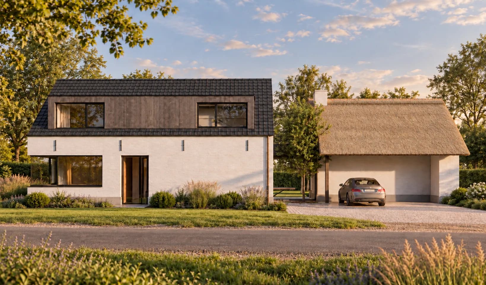 Herbouwproject in Herselt: witte bakstenen woning met houten gevelbekleding en een bijgebouw met rieten dak, in avondlicht